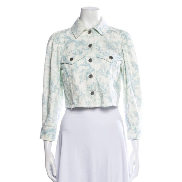 ELIE TAHARI Antique Floral Printed Raw Hem Denim Jacket White Size M - Picture 1 of 16